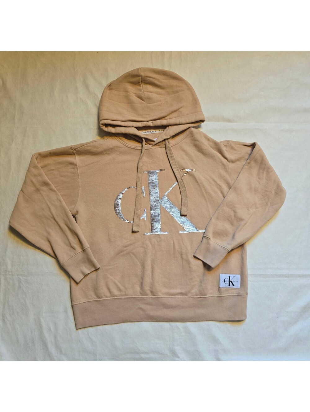 Calvin Klein Jeans Sequin Logo Hoodie in Beige XS